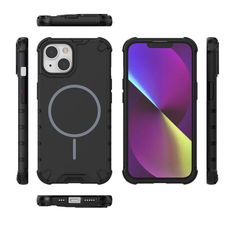 For iPhone 14 Magnetic Case Corrugated Texture Heat Dissipation Shockproof TPU + PC Phone Back Cover - Black