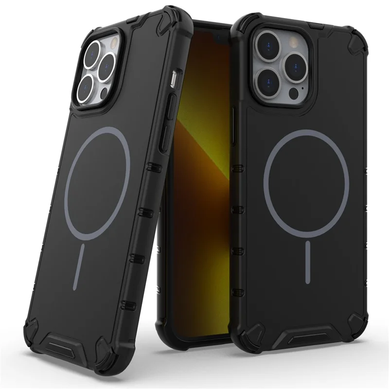 For iPhone 14 Pro Magnetic Case Corrugated Texture Heat Dissipation Shockproof TPU + PC Phone Back Cover - Black