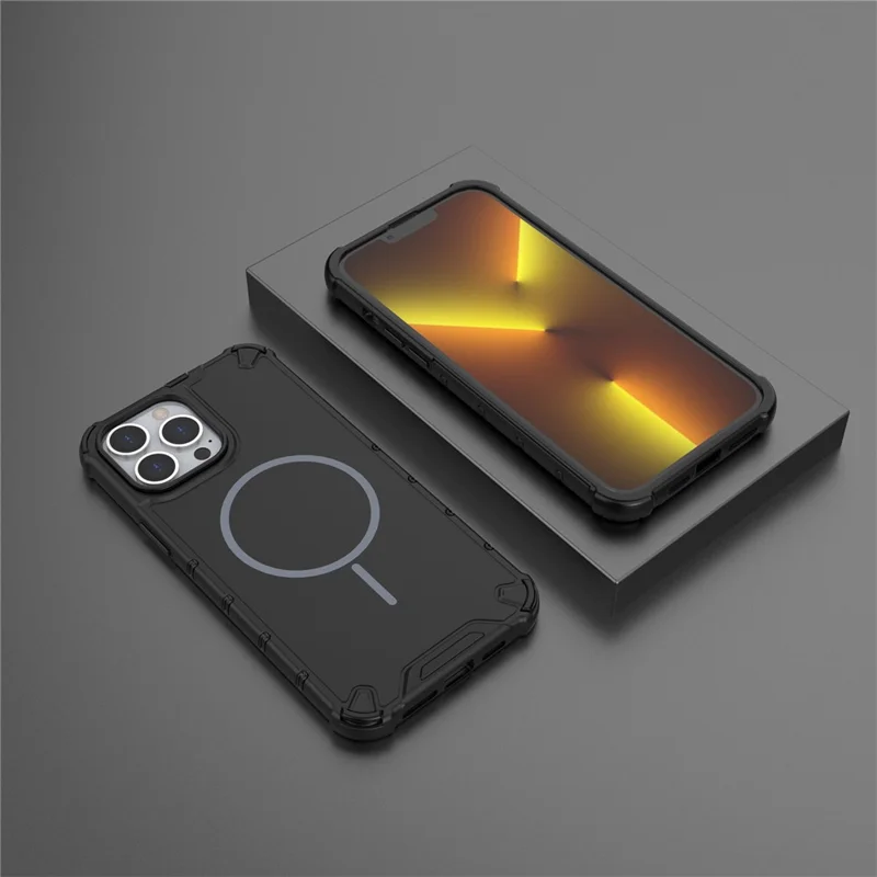 For iPhone 14 Pro Magnetic Case Corrugated Texture Heat Dissipation Shockproof TPU + PC Phone Back Cover - Black