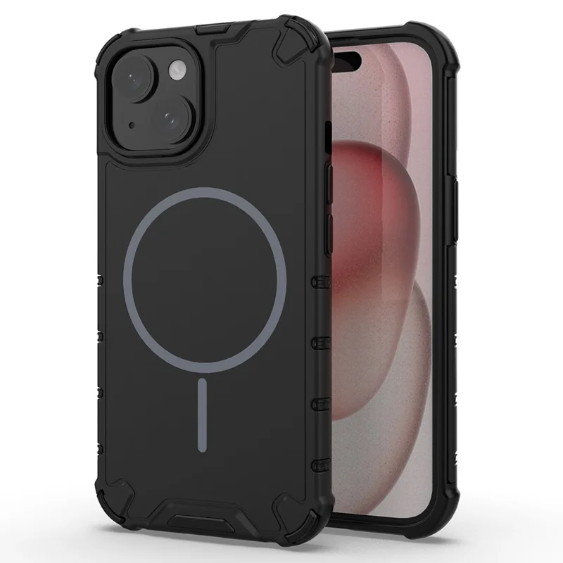 For iPhone 15 Magnetic Case Corrugated Texture Heat Dissipation Shockproof TPU + PC Phone Back Cover - Black