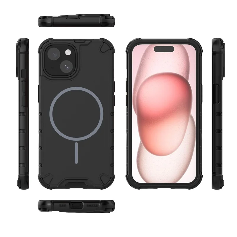 For iPhone 15 Magnetic Case Corrugated Texture Heat Dissipation Shockproof TPU + PC Phone Back Cover - Black