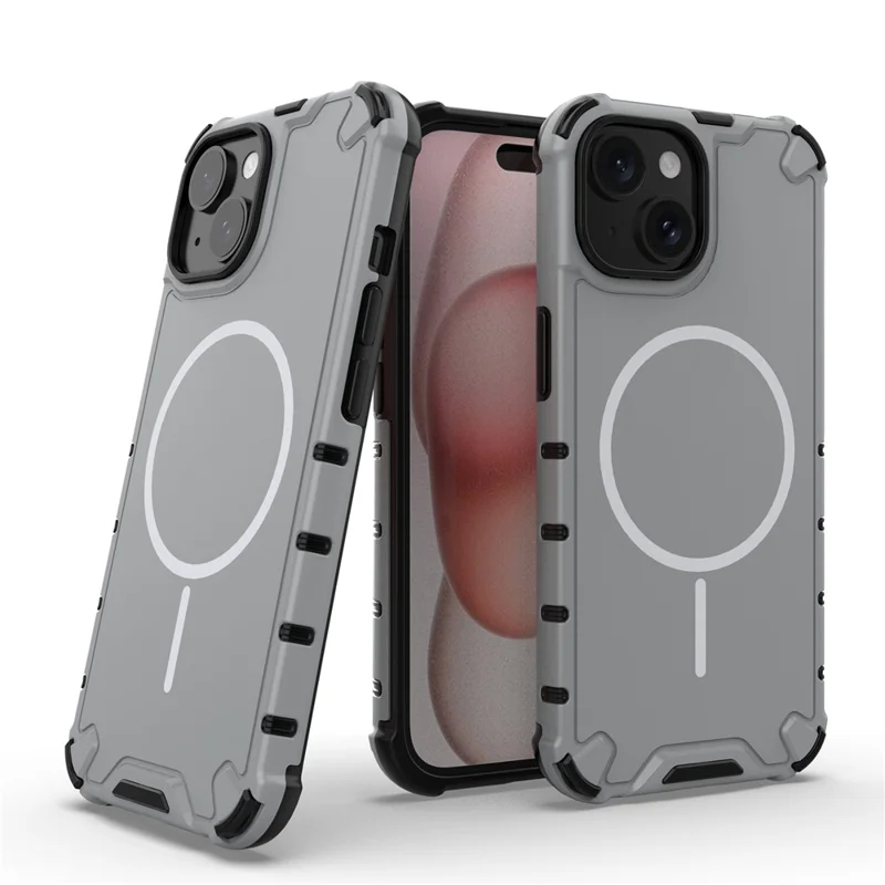 For iPhone 15 Magnetic Case Corrugated Texture Heat Dissipation Shockproof TPU + PC Phone Back Cover - Grey White