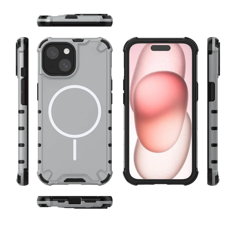 For iPhone 15 Magnetic Case Corrugated Texture Heat Dissipation Shockproof TPU + PC Phone Back Cover - Grey White