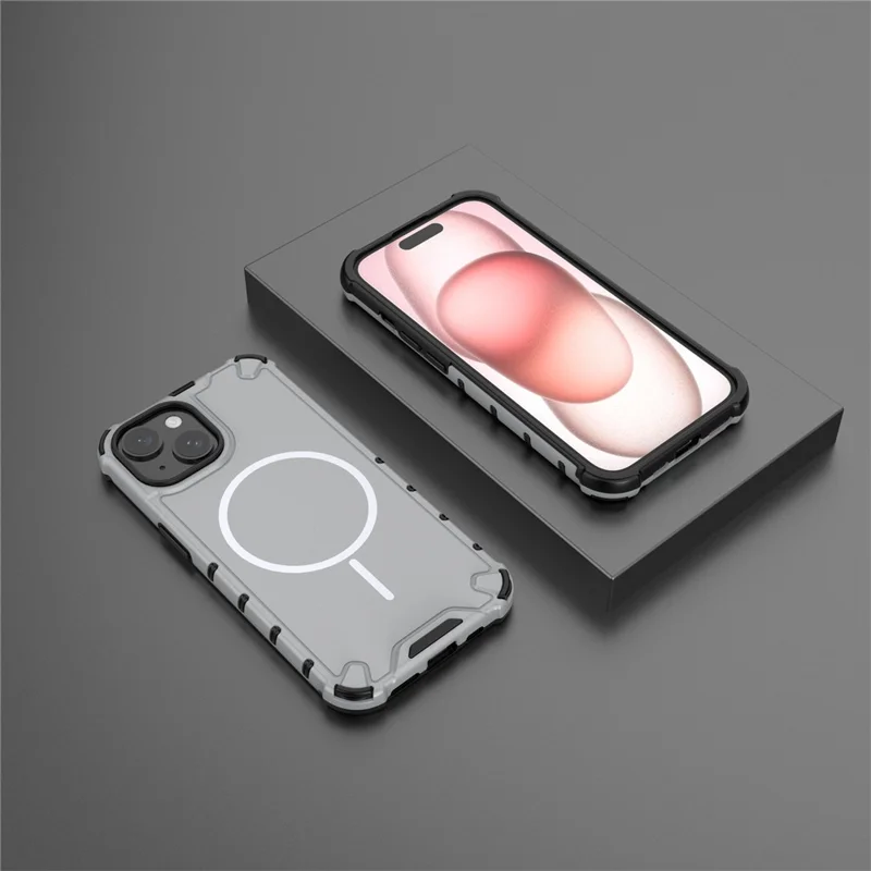 For iPhone 15 Magnetic Case Corrugated Texture Heat Dissipation Shockproof TPU + PC Phone Back Cover - Grey White