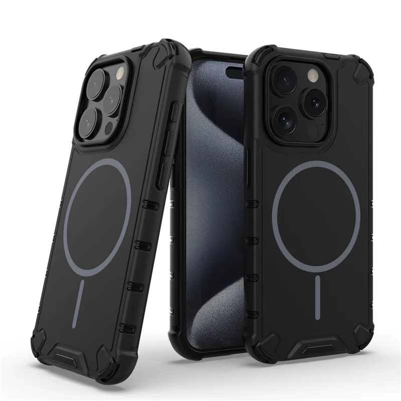 For iPhone 15 Pro Magnetic Case Corrugated Texture Heat Dissipation Shockproof TPU + PC Phone Back Cover - Black