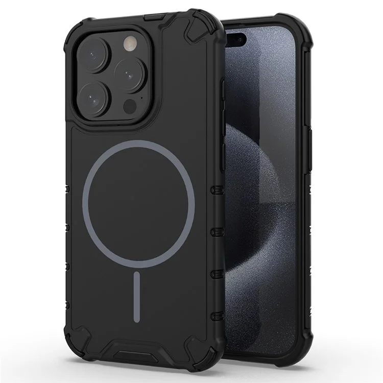For iPhone 15 Pro Max Magnetic Case Corrugated Texture Heat Dissipation Shockproof TPU + PC Phone Back Cover - Black