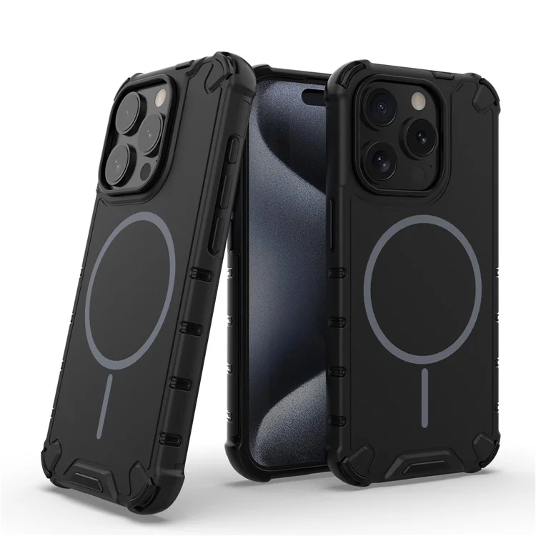 For iPhone 15 Pro Max Magnetic Case Corrugated Texture Heat Dissipation Shockproof TPU + PC Phone Back Cover - Black