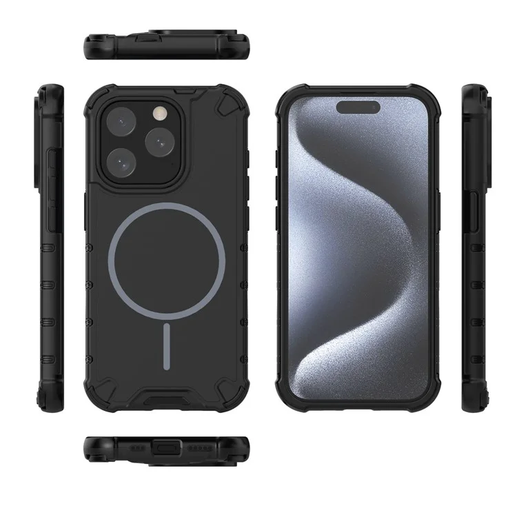 For iPhone 15 Pro Max Magnetic Case Corrugated Texture Heat Dissipation Shockproof TPU + PC Phone Back Cover - Black