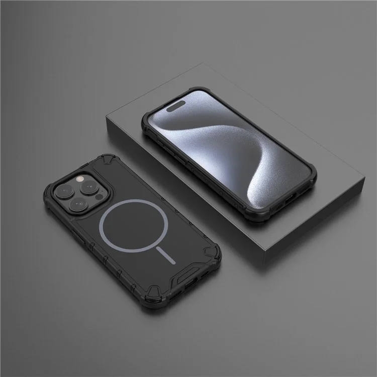 For iPhone 15 Pro Max Magnetic Case Corrugated Texture Heat Dissipation Shockproof TPU + PC Phone Back Cover - Black