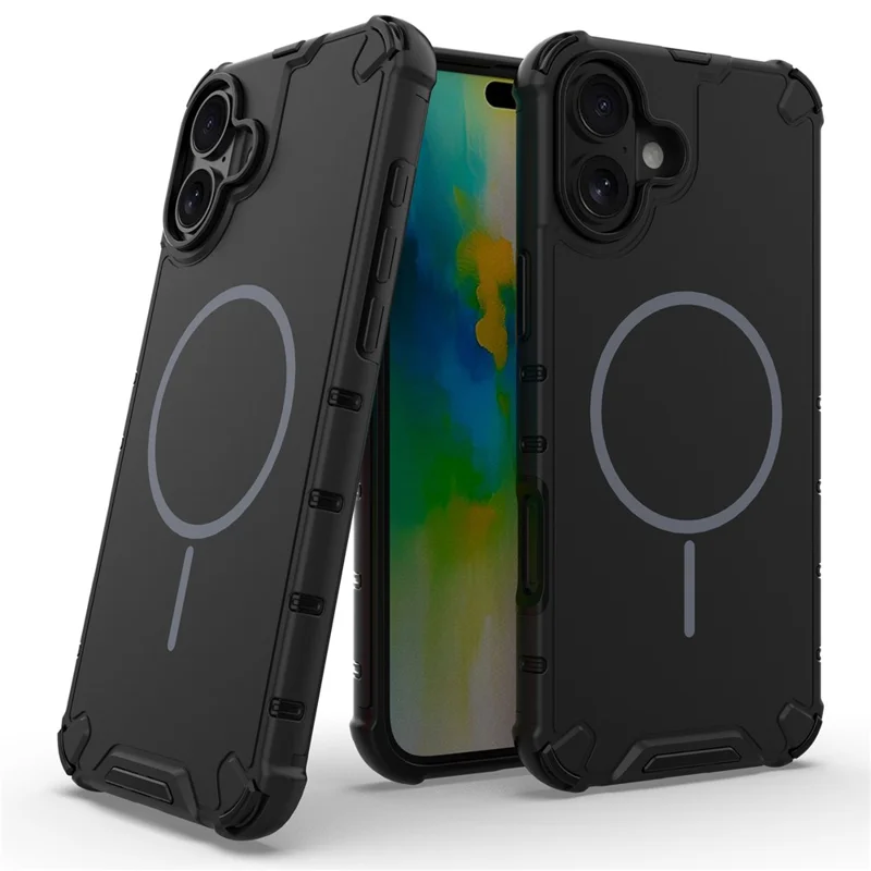 For iPhone 16 Plus Magnetic Case Corrugated Texture Heat Dissipation Shockproof TPU + PC Phone Back Cover - Black