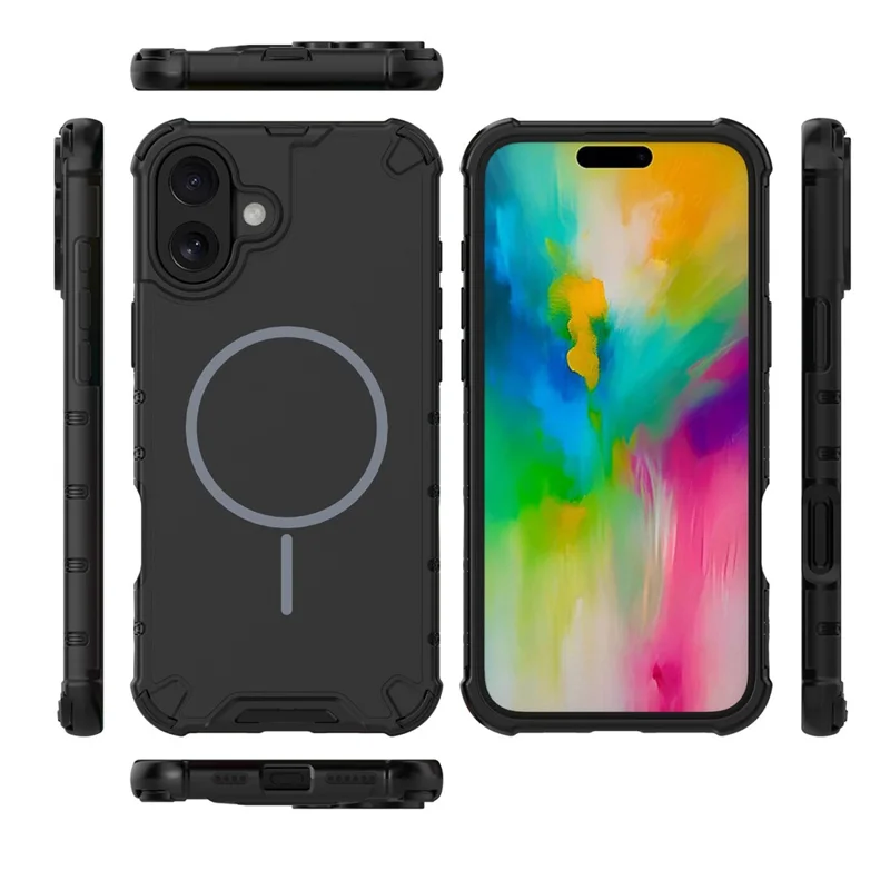 For iPhone 16 Plus Magnetic Case Corrugated Texture Heat Dissipation Shockproof TPU + PC Phone Back Cover - Black