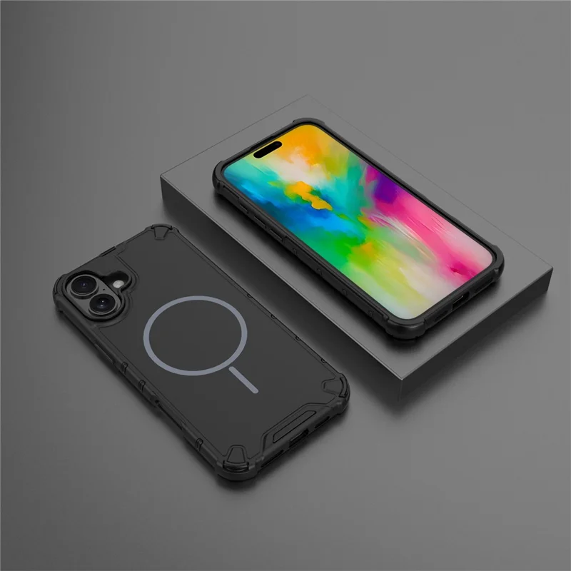 For iPhone 16 Plus Magnetic Case Corrugated Texture Heat Dissipation Shockproof TPU + PC Phone Back Cover - Black