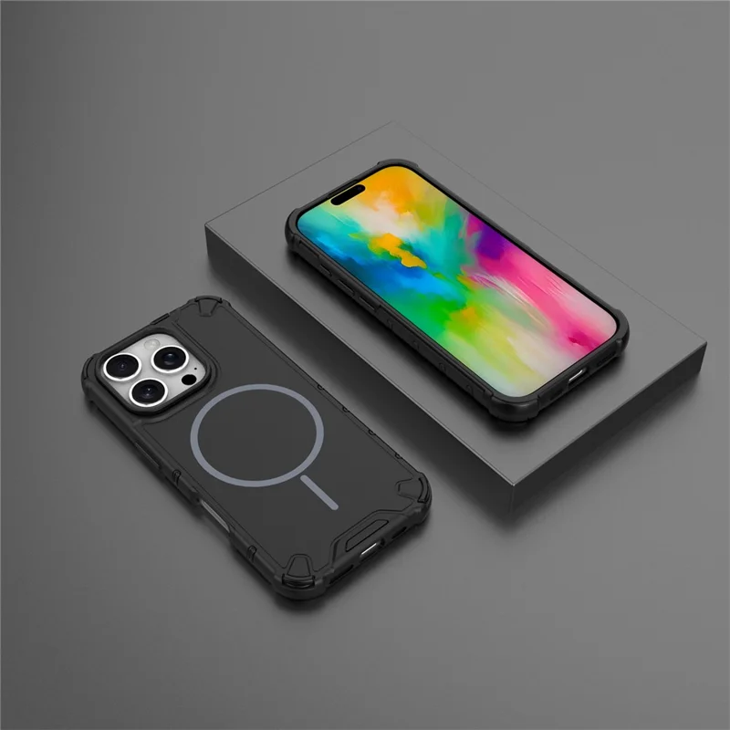 For iPhone 16 Pro Magnetic Case Corrugated Texture Heat Dissipation Shockproof TPU + PC Phone Back Cover - Black