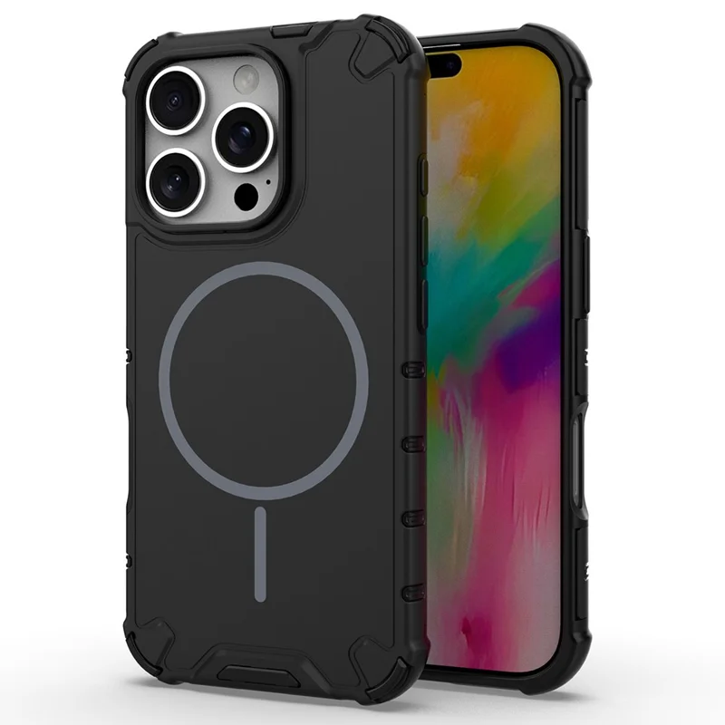 For iPhone 16 Pro Max Magnetic Case Corrugated Texture Heat Dissipation Shockproof TPU + PC Phone Back Cover - Black