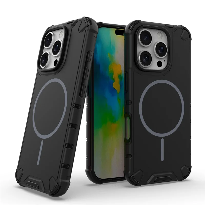 For iPhone 16 Pro Max Magnetic Case Corrugated Texture Heat Dissipation Shockproof TPU + PC Phone Back Cover - Black