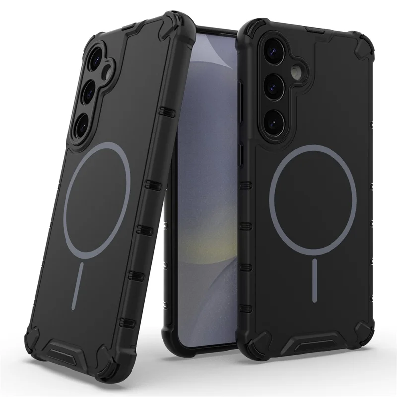 For Samsung Galaxy S25 Magnetic Case Corrugated Texture Heat Dissipation Shockproof TPU + PC Phone Back Cover - Black