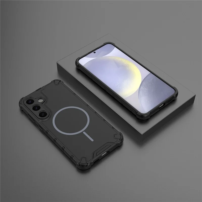 For Samsung Galaxy S25 Magnetic Case Corrugated Texture Heat Dissipation Shockproof TPU + PC Phone Back Cover - Black