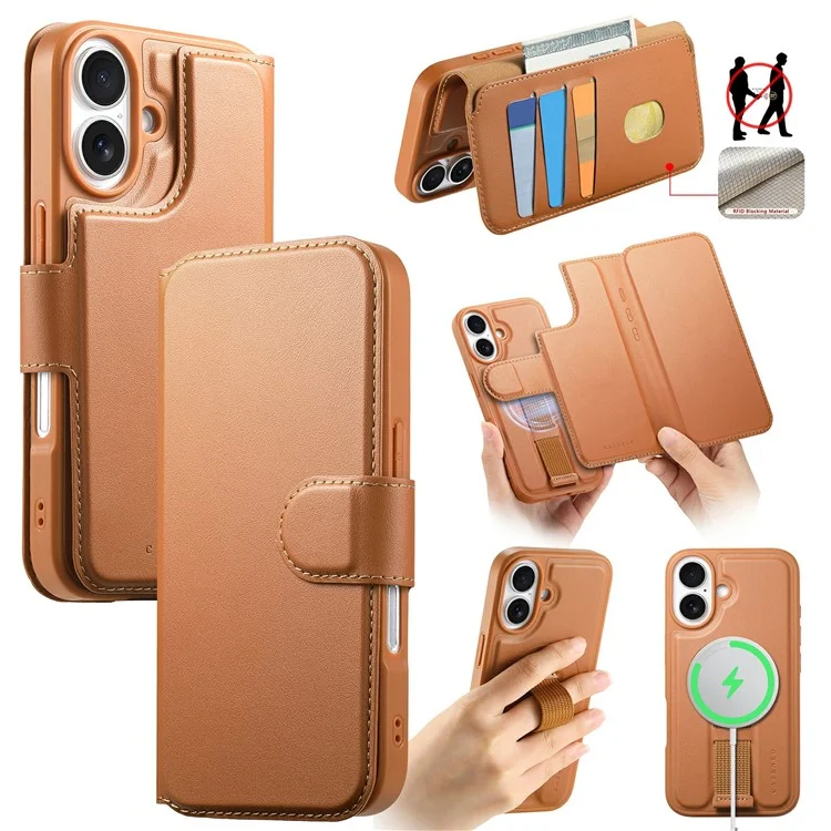 CASENEO MW-07 Para iPhone 16 Capa Magnética com Carteira Bloqueadora de RFID, Suporte e Capa de Couro para Celular com Alça de Pulso - Marrom