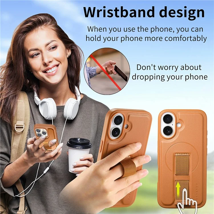 CASENEO MW-07 Para iPhone 16 Capa Magnética com Carteira Bloqueadora de RFID, Suporte e Capa de Couro para Celular com Alça de Pulso - Marrom