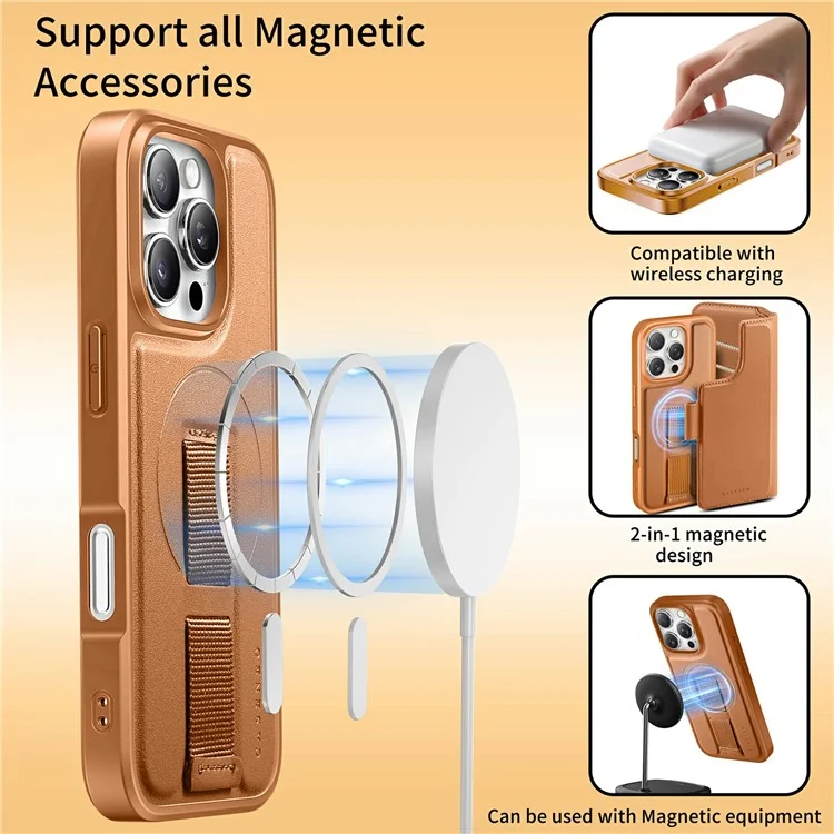 CASENEO MW-07 Para iPhone 16 Capa Magnética com Carteira Bloqueadora de RFID, Suporte e Capa de Couro para Celular com Alça de Pulso - Marrom