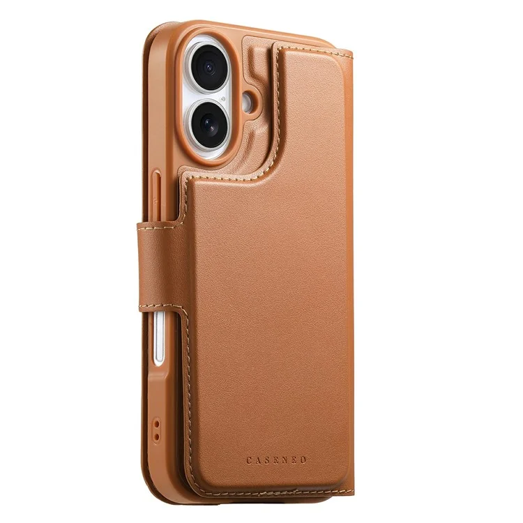 CASENEO MW-07 Para iPhone 16 Capa Magnética com Carteira Bloqueadora de RFID, Suporte e Capa de Couro para Celular com Alça de Pulso - Marrom