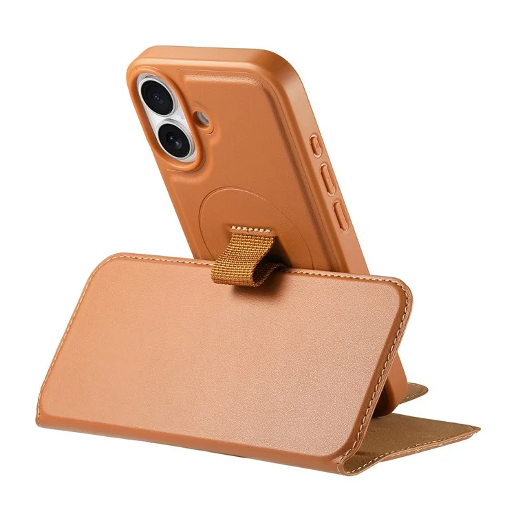 CASENEO MW-07 Para iPhone 16 Capa Magnética com Carteira Bloqueadora de RFID, Suporte e Capa de Couro para Celular com Alça de Pulso - Marrom