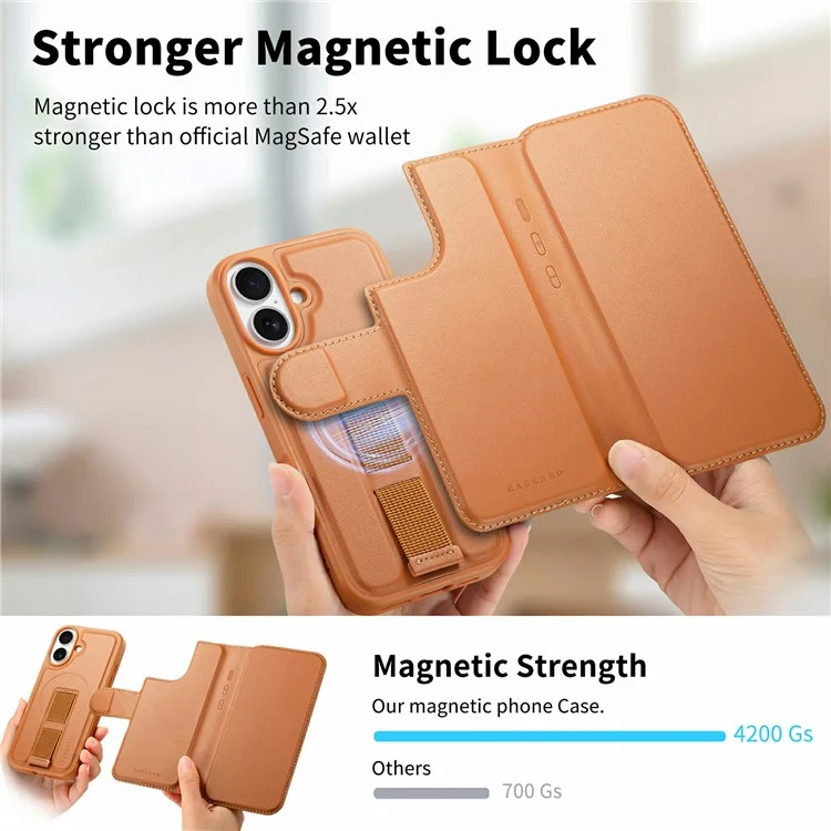 CASENEO MW-07 Para iPhone 16 Capa Magnética com Carteira Bloqueadora de RFID, Suporte e Capa de Couro para Celular com Alça de Pulso - Marrom