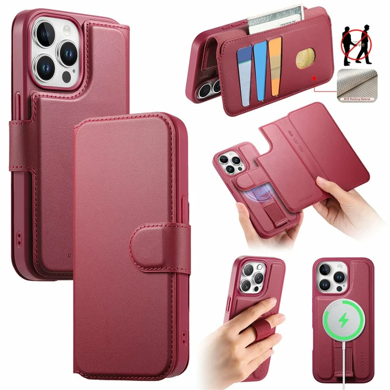 CASENEO For iPhone 15 Pro Max Magnetic Case RFID Blocking Wallet Detachable Leather Phone Cover with Wristband - Red