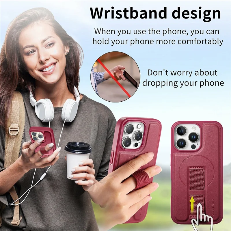 CASENEO For iPhone 15 Pro Max Magnetic Case RFID Blocking Wallet Detachable Leather Phone Cover with Wristband - Red