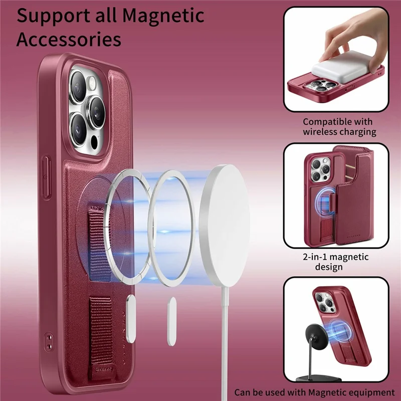 CASENEO For iPhone 15 Pro Max Magnetic Case RFID Blocking Wallet Detachable Leather Phone Cover with Wristband - Red