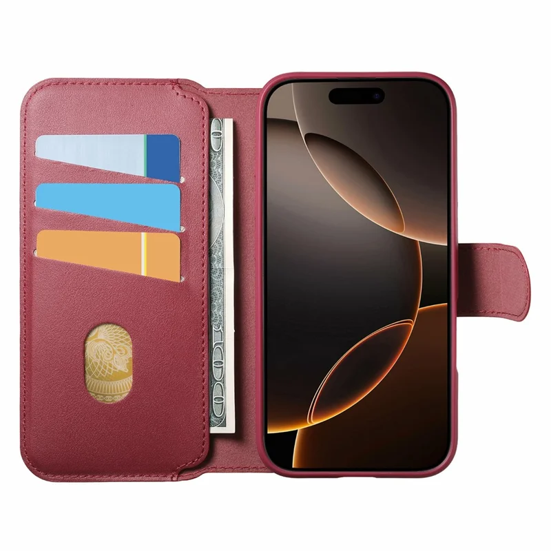 CASENEO For iPhone 15 Pro Max Magnetic Case RFID Blocking Wallet Detachable Leather Phone Cover with Wristband - Red