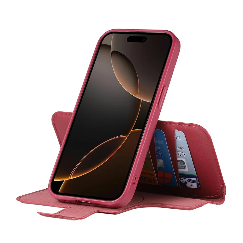 CASENEO For iPhone 15 Pro Max Magnetic Case RFID Blocking Wallet Detachable Leather Phone Cover with Wristband - Red