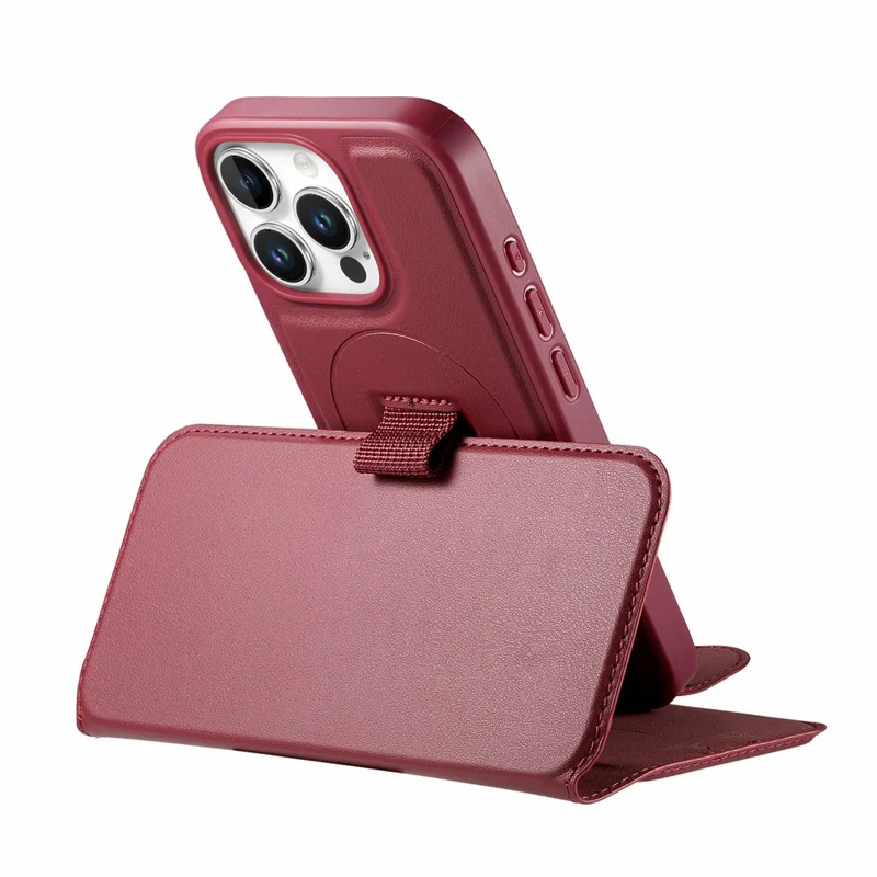 CASENEO For iPhone 15 Pro Max Magnetic Case RFID Blocking Wallet Detachable Leather Phone Cover with Wristband - Red