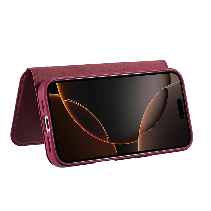 CASENEO For iPhone 15 Pro Max Magnetic Case RFID Blocking Wallet Detachable Leather Phone Cover with Wristband - Red