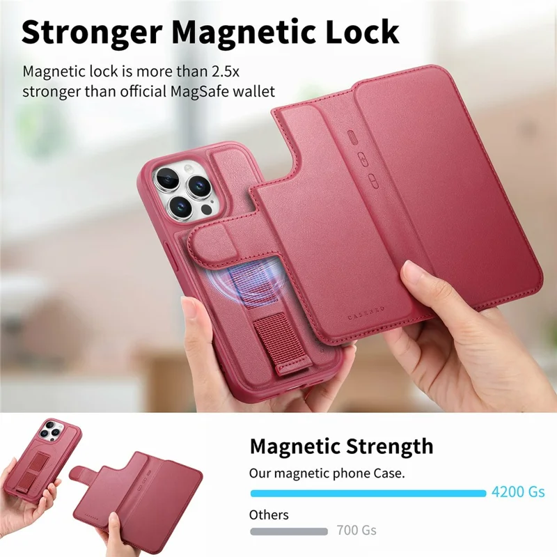 CASENEO For iPhone 15 Pro Max Magnetic Case RFID Blocking Wallet Detachable Leather Phone Cover with Wristband - Red