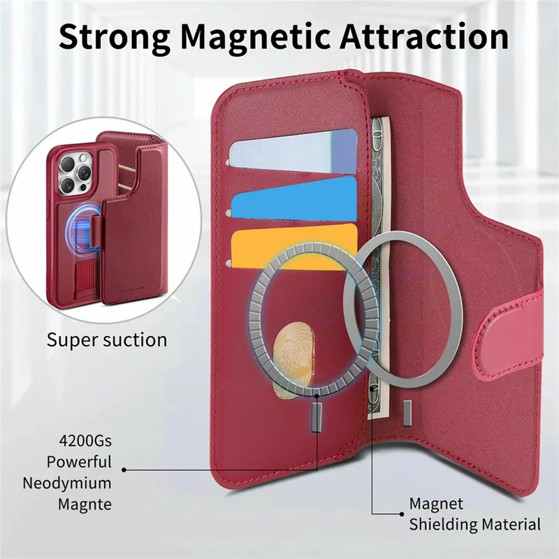 CASENEO For iPhone 15 Pro Max Magnetic Case RFID Blocking Wallet Detachable Leather Phone Cover with Wristband - Red