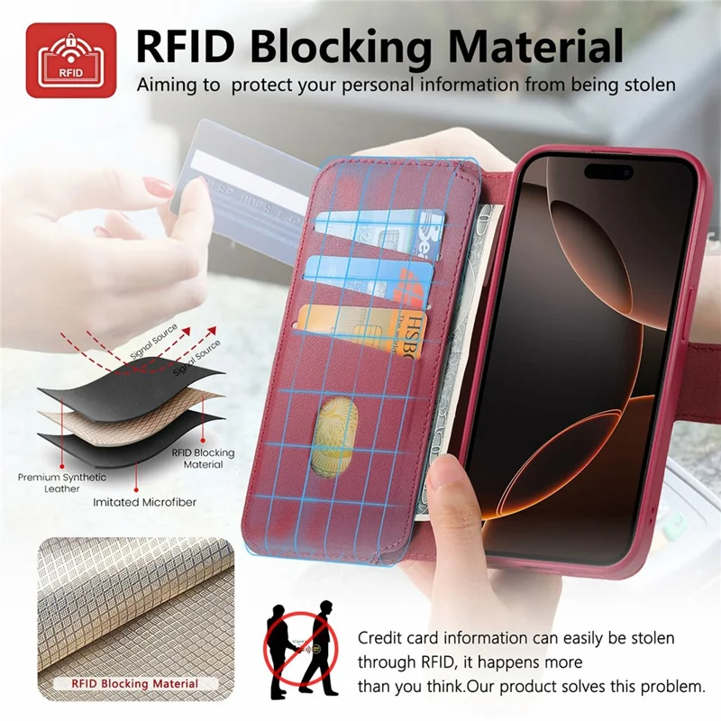 CASENEO For iPhone 15 Pro Max Magnetic Case RFID Blocking Wallet Detachable Leather Phone Cover with Wristband - Red