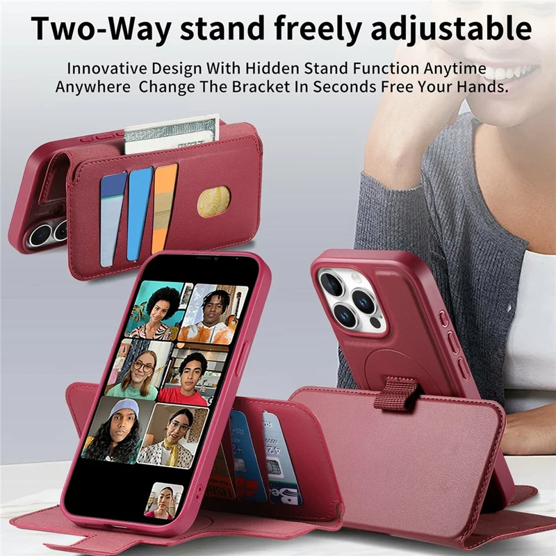 CASENEO For iPhone 15 Pro Max Magnetic Case RFID Blocking Wallet Detachable Leather Phone Cover with Wristband - Red