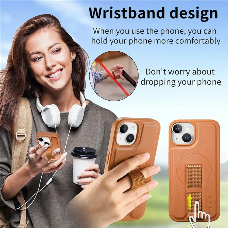 CASENEO MW-07 Para iPhone 15 Capa Magnética com Carteira Bloqueadora de RFID, Suporte e Capa de Couro para Celular com Alça de Pulso - Marrom