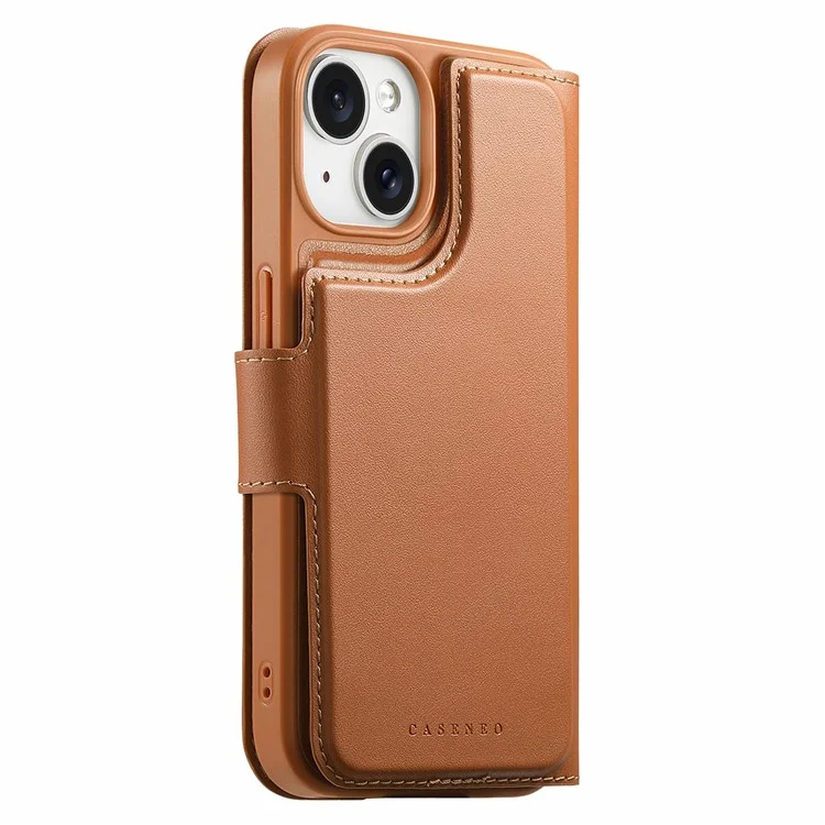 CASENEO MW-07 Para iPhone 15 Capa Magnética com Carteira Bloqueadora de RFID, Suporte e Capa de Couro para Celular com Alça de Pulso - Marrom
