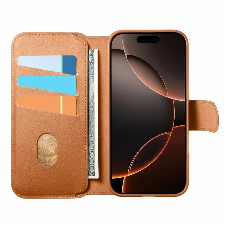 CASENEO MW-07 Para iPhone 15 Capa Magnética com Carteira Bloqueadora de RFID, Suporte e Capa de Couro para Celular com Alça de Pulso - Marrom