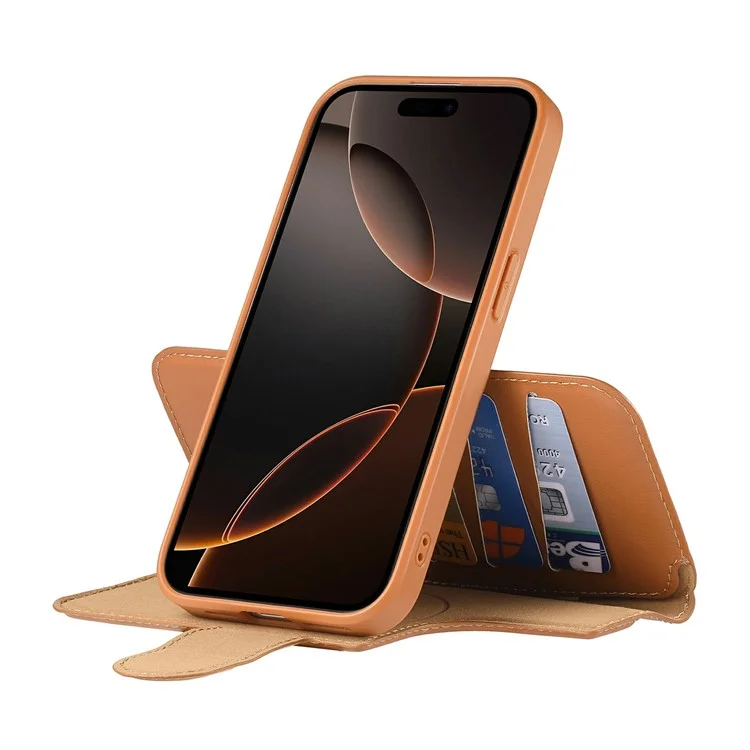 CASENEO MW-07 Para iPhone 15 Capa Magnética com Carteira Bloqueadora de RFID, Suporte e Capa de Couro para Celular com Alça de Pulso - Marrom