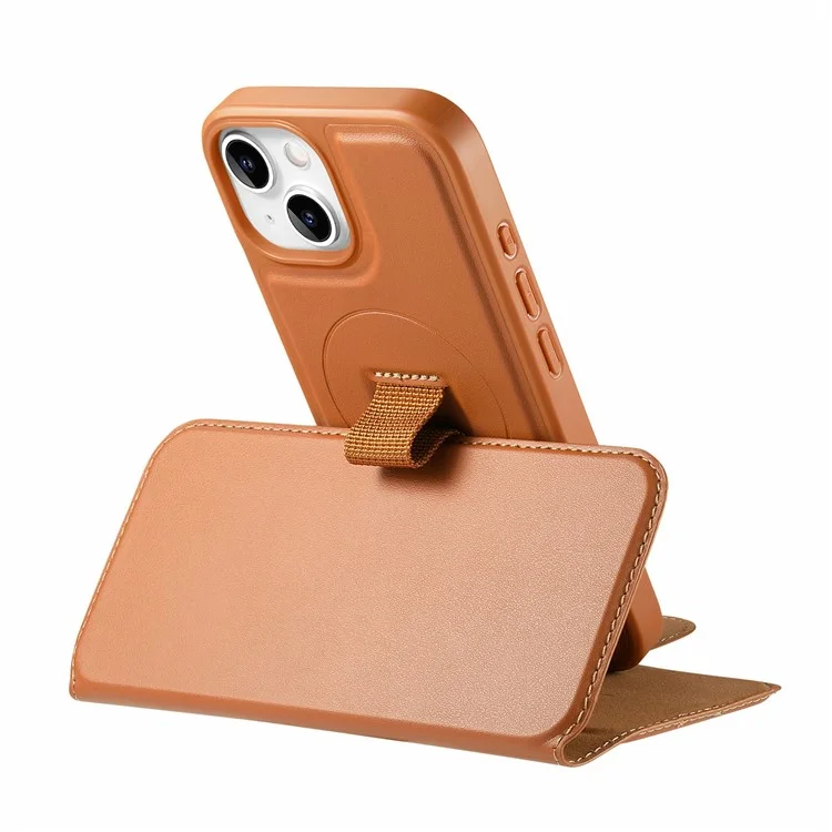 CASENEO MW-07 Para iPhone 15 Capa Magnética com Carteira Bloqueadora de RFID, Suporte e Capa de Couro para Celular com Alça de Pulso - Marrom