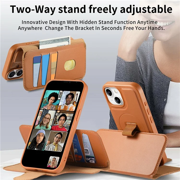 CASENEO MW-07 Para iPhone 15 Capa Magnética com Carteira Bloqueadora de RFID, Suporte e Capa de Couro para Celular com Alça de Pulso - Marrom