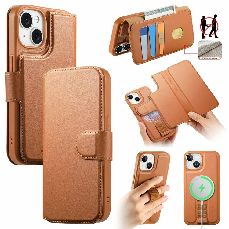 CASENEO MW-07 per iPhone 14 Custodia Magnetica Portafoglio con Blocco RFID e Supporto in Pelle con Cinturino da Polso - Marrone