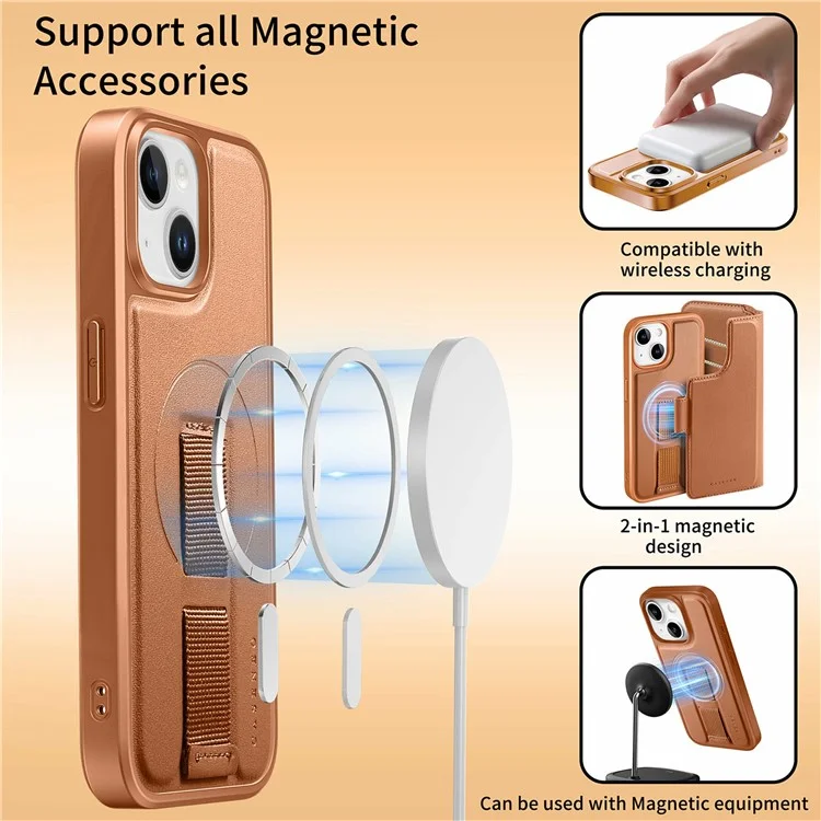 CASENEO MW-07 per iPhone 14 Custodia Magnetica Portafoglio con Blocco RFID e Supporto in Pelle con Cinturino da Polso - Marrone