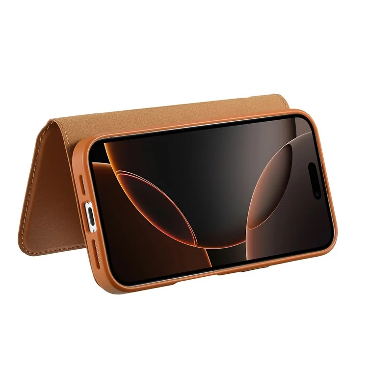 CASENEO MW-07 per iPhone 14 Custodia Magnetica Portafoglio con Blocco RFID e Supporto in Pelle con Cinturino da Polso - Marrone