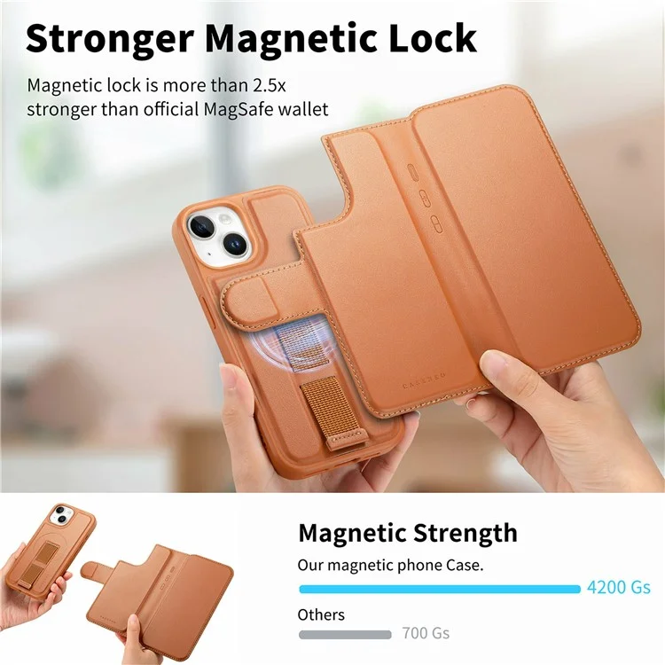 CASENEO MW-07 per iPhone 14 Custodia Magnetica Portafoglio con Blocco RFID e Supporto in Pelle con Cinturino da Polso - Marrone