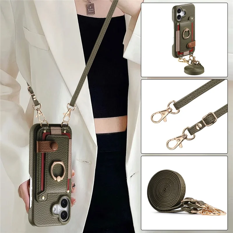 For iPhone 16 Case Card Holder Ring Kickstand Leather + PC Phone Cover with Shoulder Strap - Midnight Green
