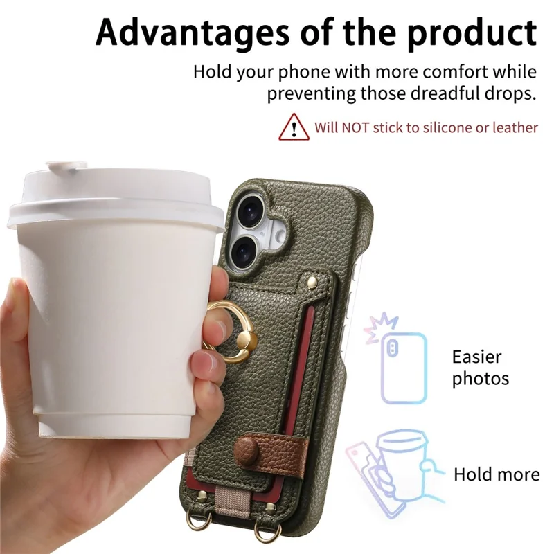 For iPhone 16 Case Card Holder Ring Kickstand Leather + PC Phone Cover with Shoulder Strap - Midnight Green